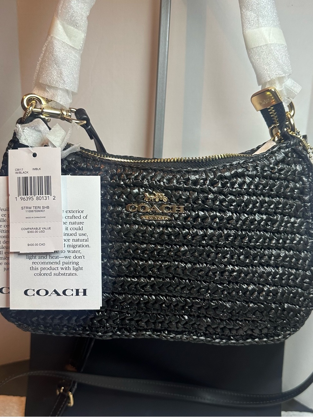 COACH Black Woven Mini Shoulder Bag with Gold Hardware